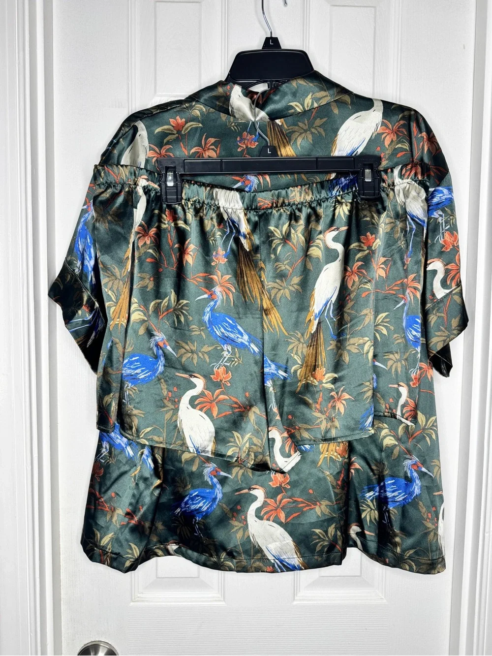 Lilac and London Satin Short Pajama Set in Dark Green Crane Print Size L